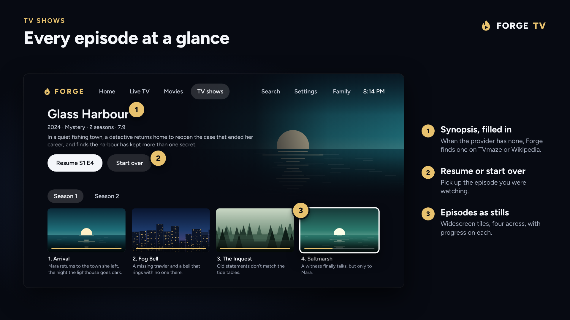 A show page with widescreen episode tiles