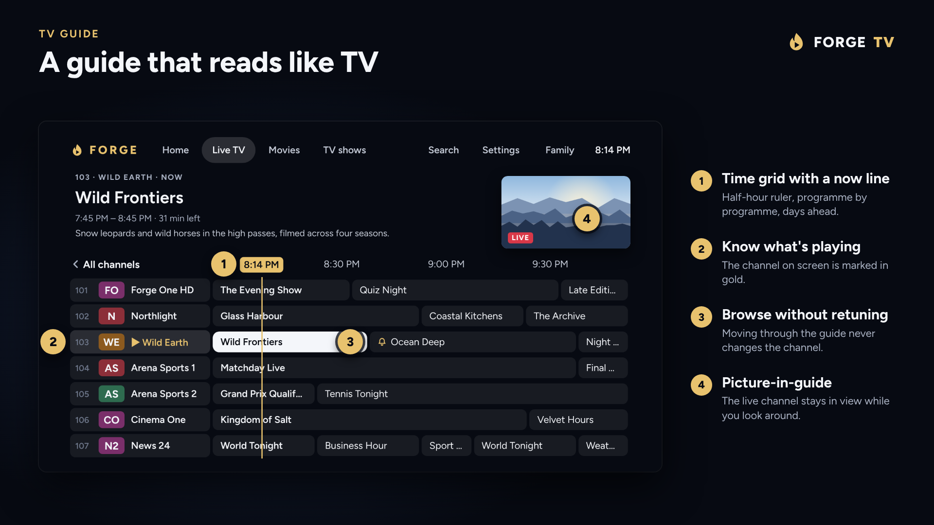 The Forge TV guide: a time grid with a now line