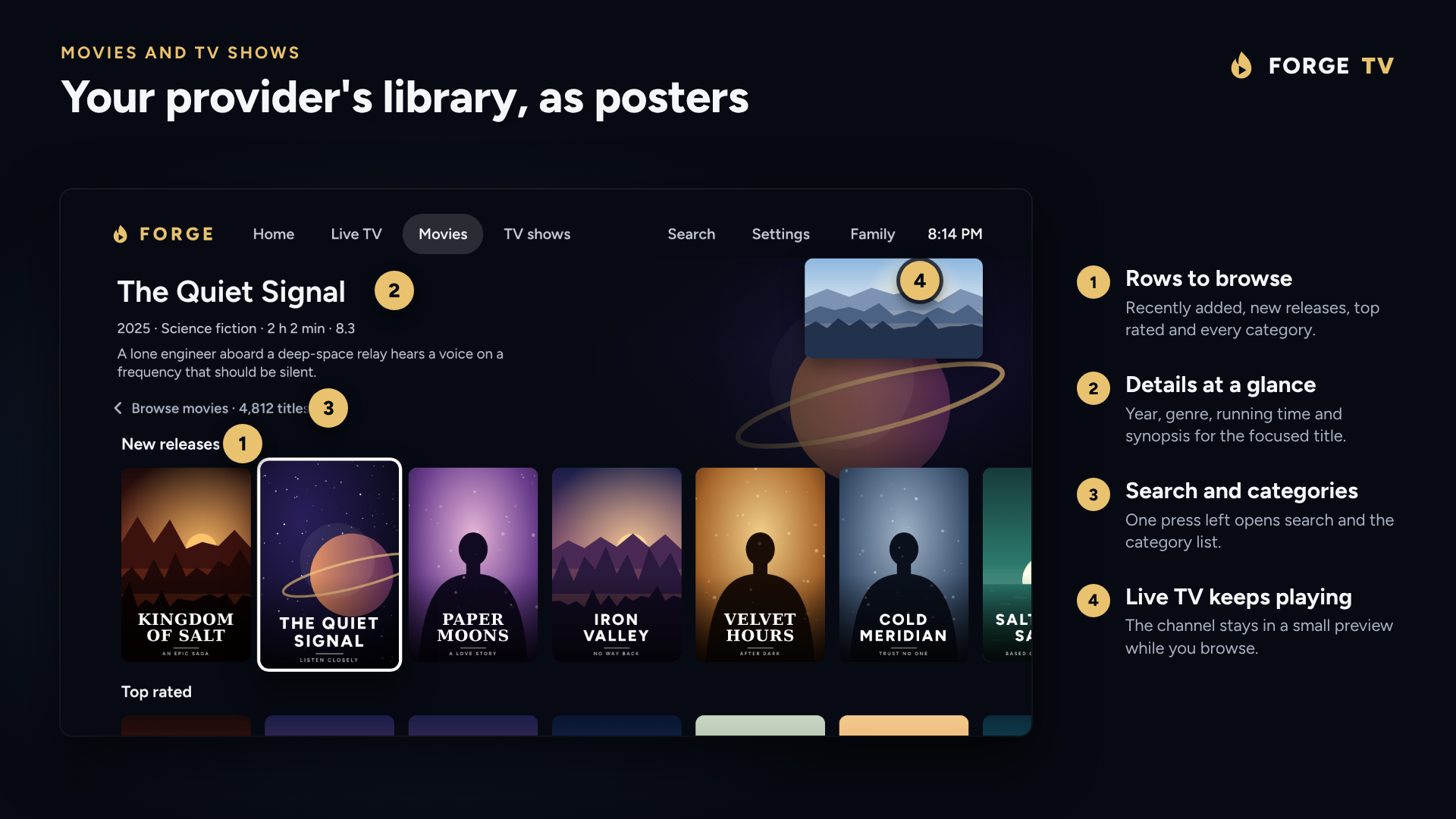 Movies and TV shows as rows of posters
