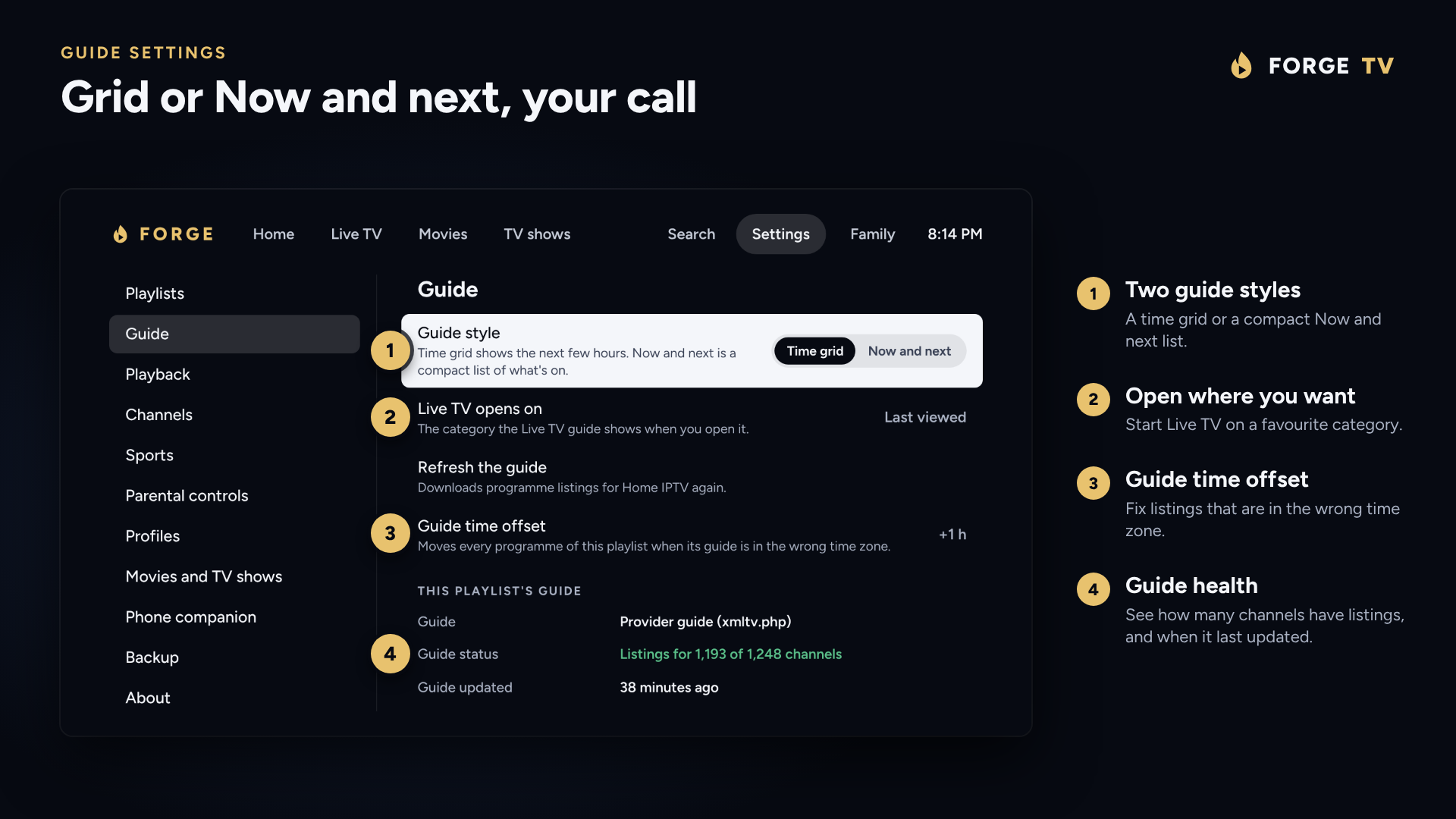 Guide settings: grid or Now and next, and a time offset